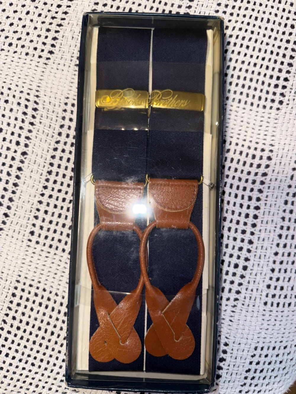 Brooks Brothers Navy and Brown Leather Button-Loop Suspenders